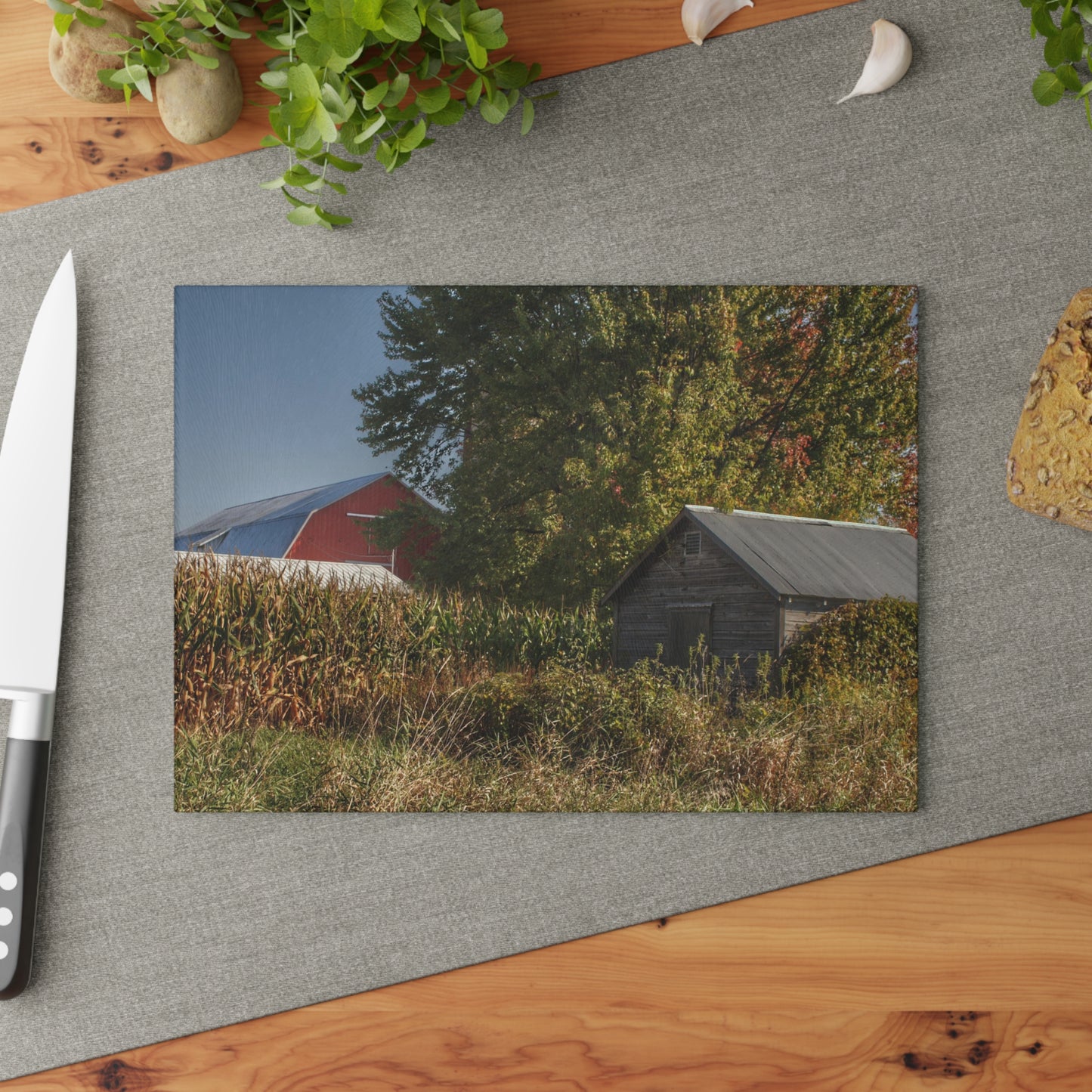 U R There Photography Barnes Road Hidden Red and Little Grey Rustic Farmhouse Tempered-Glass Cutting Board