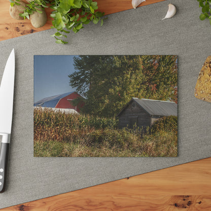 U R There Photography Barnes Road Hidden Red and Little Grey Rustic Farmhouse Tempered-Glass Cutting Board