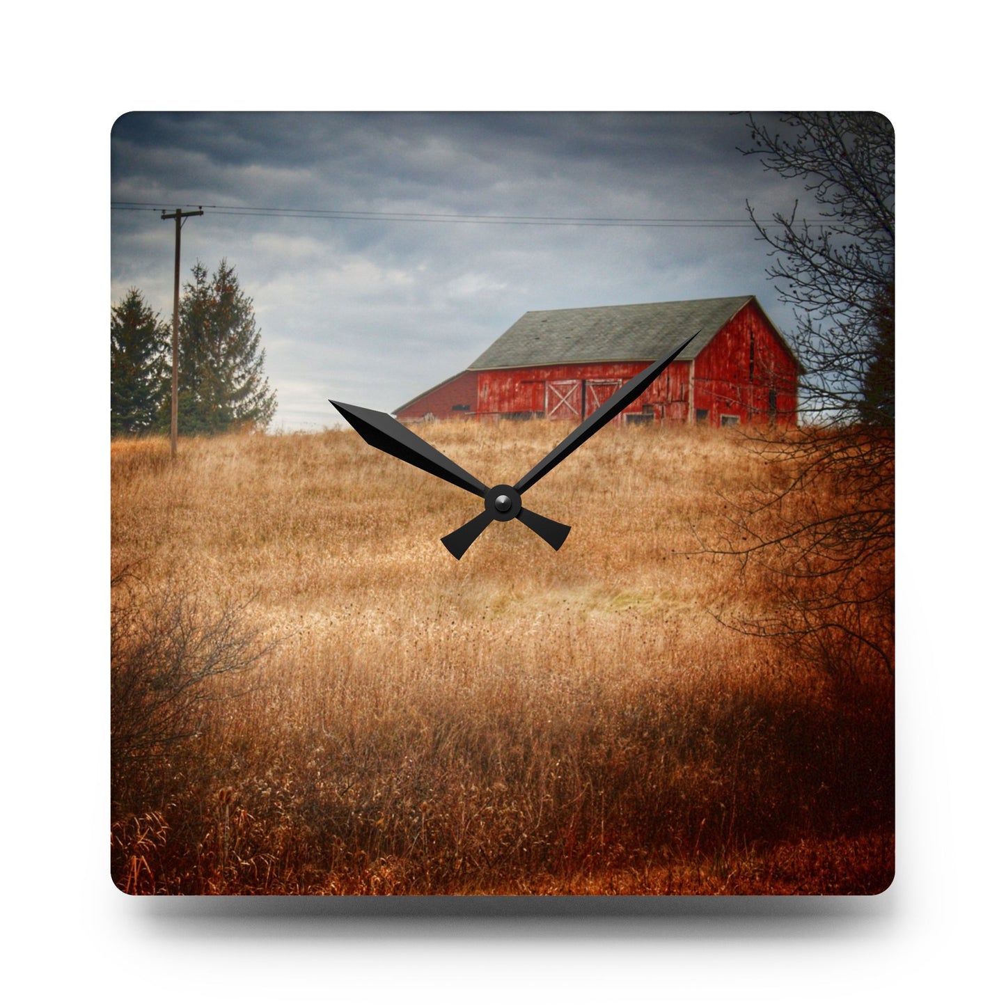 U R There Photography Grey Road Hillside Red II Rustic Farmhouse Acrylic Analog Wall Clock