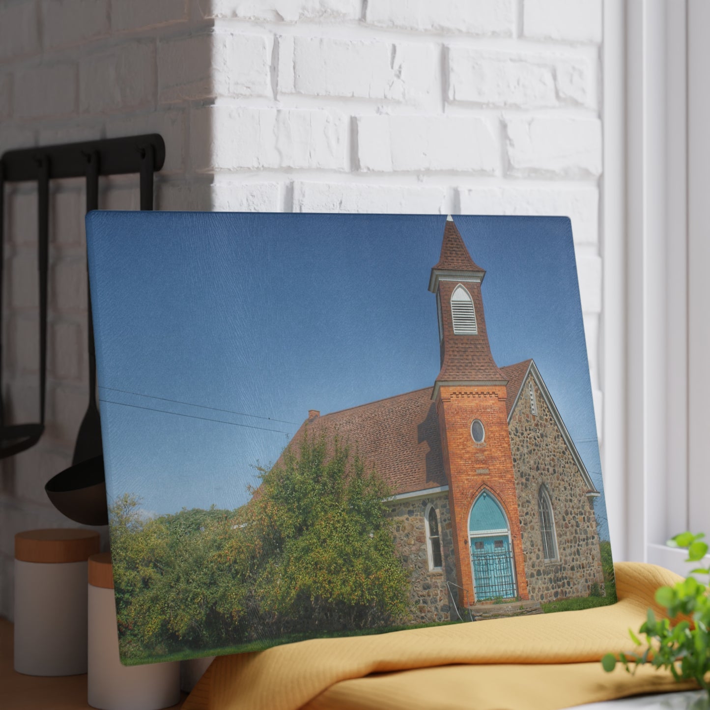 U R There Photography Mayville Church of the Past Rustic Farmhouse Tempered-Glass Cutting Board