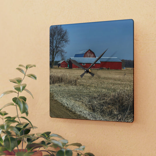 U R There Photography Romeo Plank Road Reds II Rustic Farmhouse Acrylic Analog Wall Clock