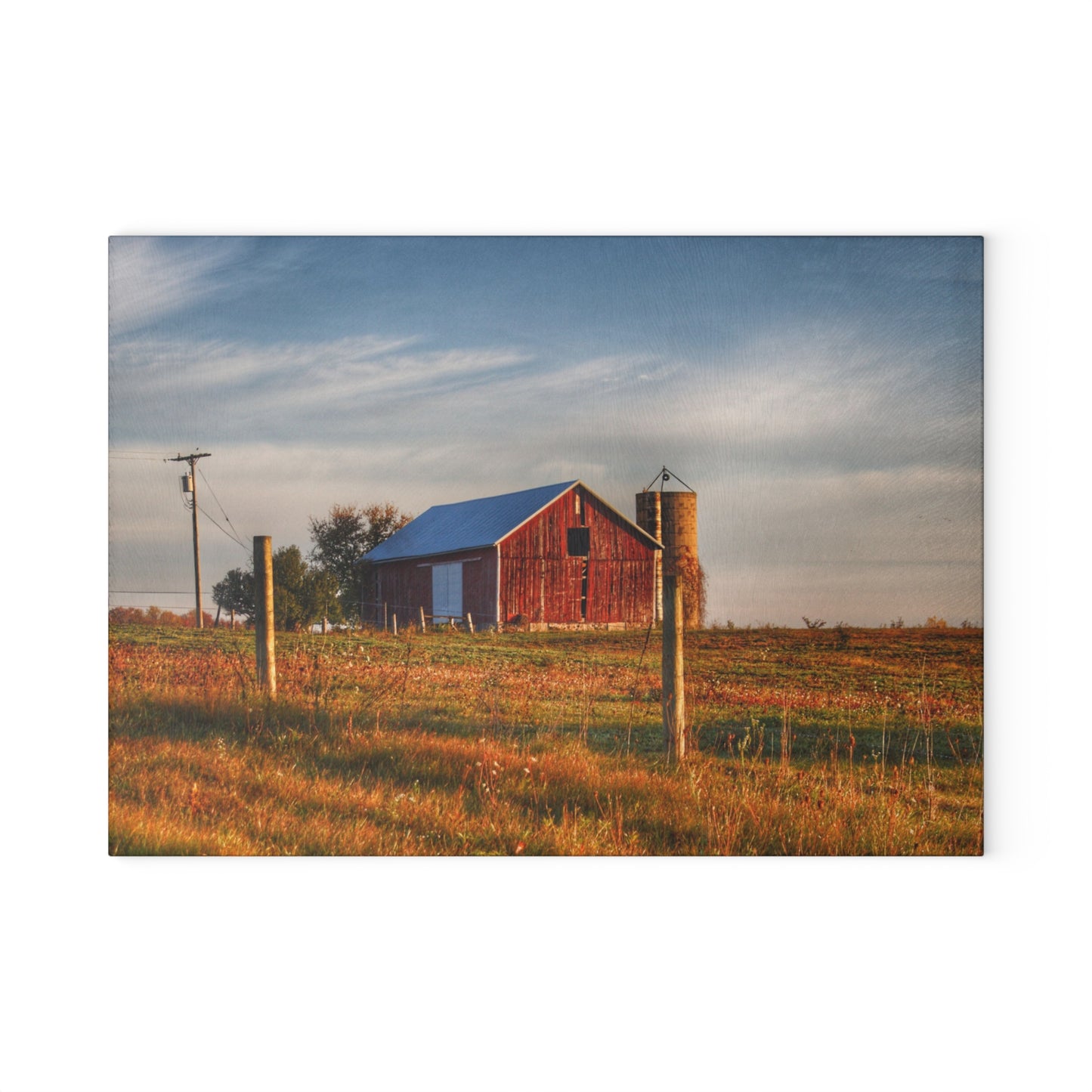 U R There Photography Lake Pleasant Road Little Red and Silo I Rustic Farmhouse Tempered-Glass Cutting Board