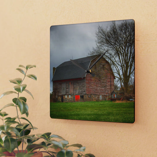 U R There Photography Ashley Drive Fieldstone Red Rustic Farmhouse Acrylic Analog Wall Clock