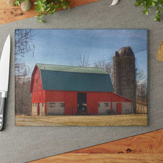 U R There Photography Wilson Road Red and Silo II Rustic Farmhouse Tempered-Glass Cutting Board