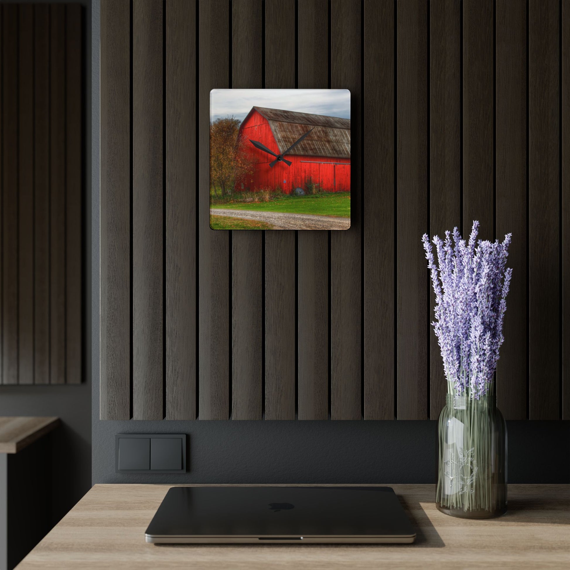 U R There Photography Oak Road Barber Barn II Rustic Farmhouse Acrylic Analog Wall Clock 10.75'' × 10.75'' (Square)