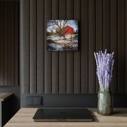 U R There Photography LeValley Road Red and Silo Rustic Farmhouse Acrylic Analog Wall Clock
