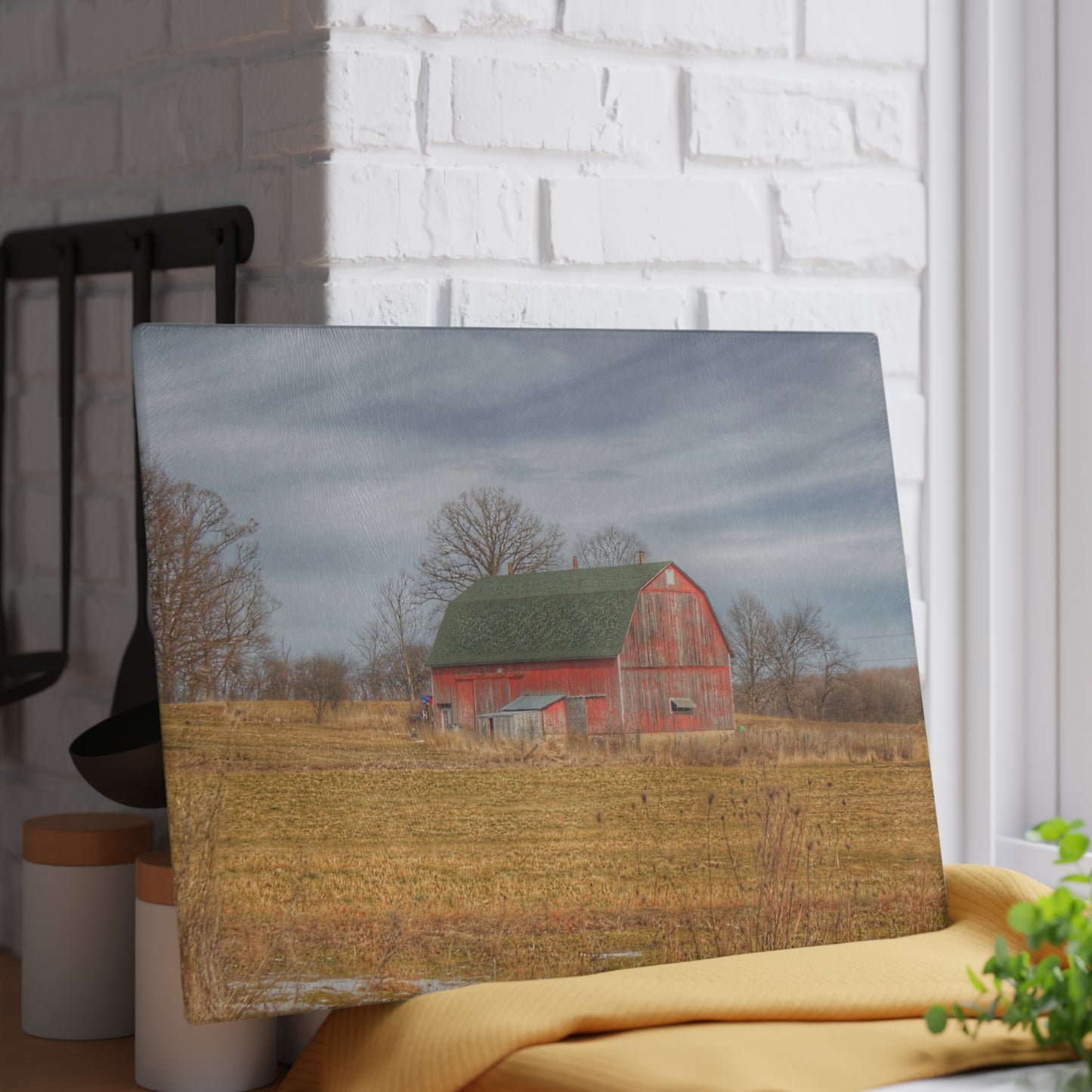 U R There Photography Clark Road Hillside Red I Rustic Farmhouse Tempered-Glass Cutting Board