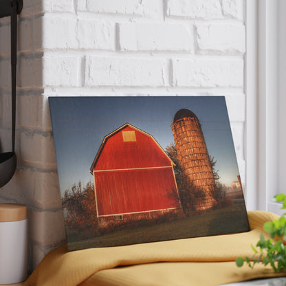 U R There Photography Klam Road Red Meets Foggy Sunrise I Rustic Farmhouse Tempered-Glass Cutting Board
