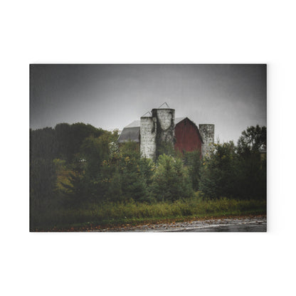 U R There Photography Castle Road Red and Silos in the Rain Rustic Farmhouse Tempered-Glass Cutting Board