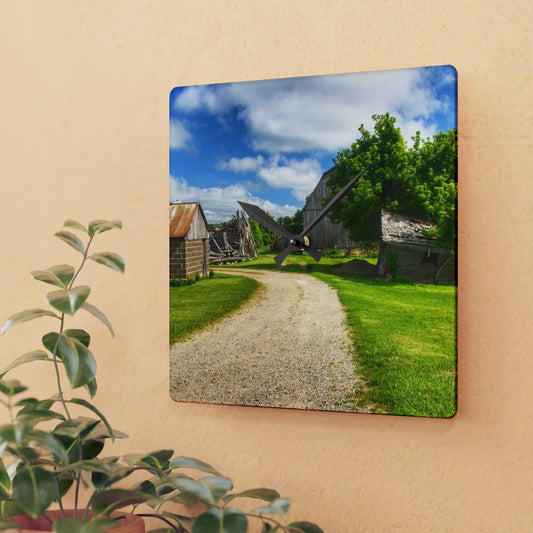 U R There Photography Brown City Road Barn and Buddy II Rustic Farmhouse Acrylic Analog Wall Clock