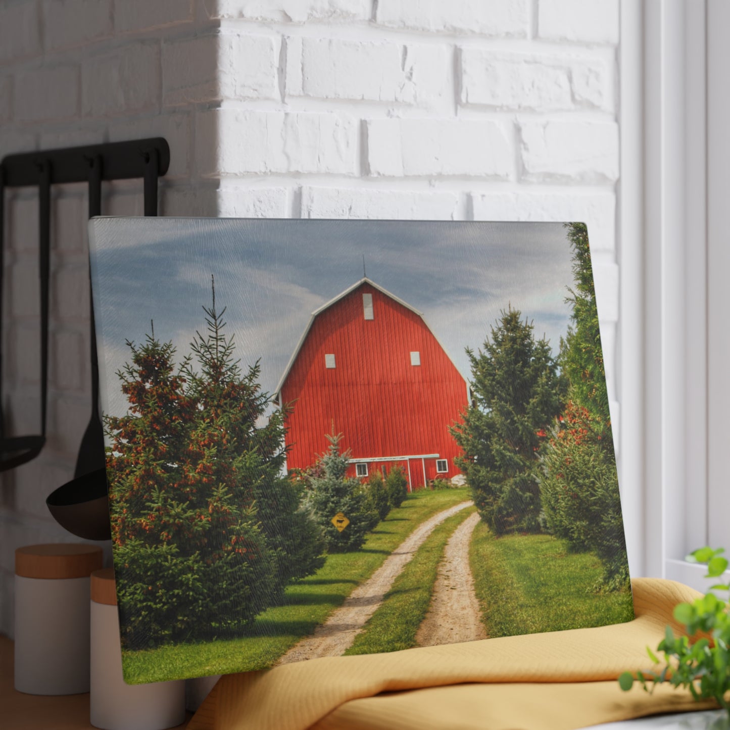 U R There Photography Brown City Road Pine Red Rustic Farmhouse Tempered-Glass Cutting Board