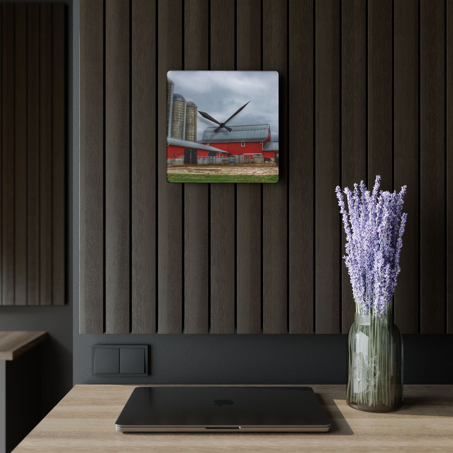 U R There Photography Daley Road Cow Barn Rustic Farmhouse Acrylic Analog Wall Clock