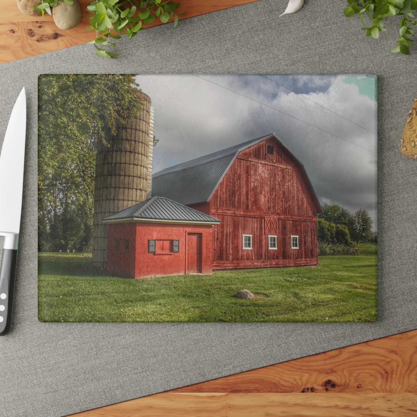 Barn Boutique Rustic Tempered-Glass Cutting Board| Hollow Corners Red and Silo