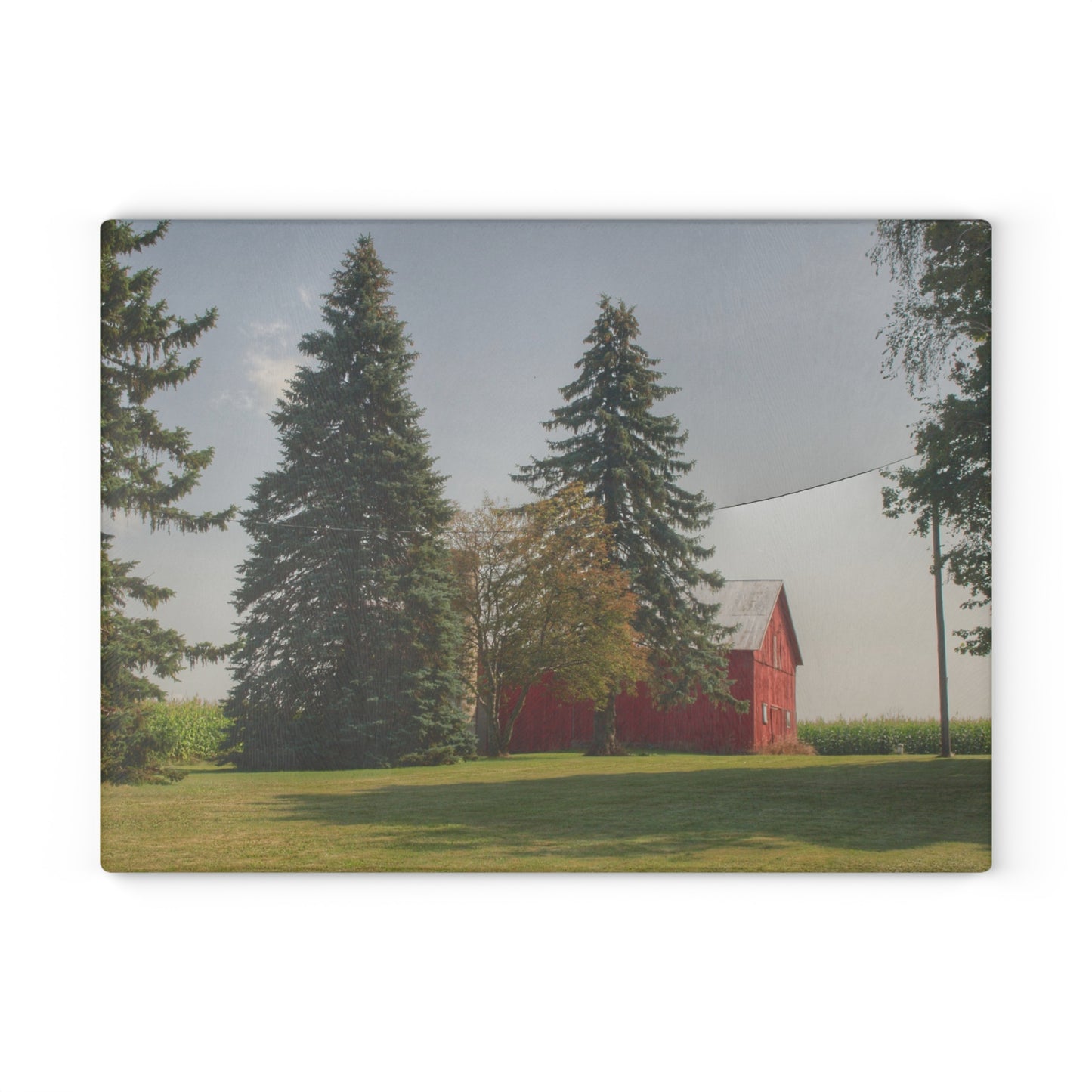 Barn Boutique Rustic Tempered-Glass Cutting Board| Small Red Barn Beneath the Pines