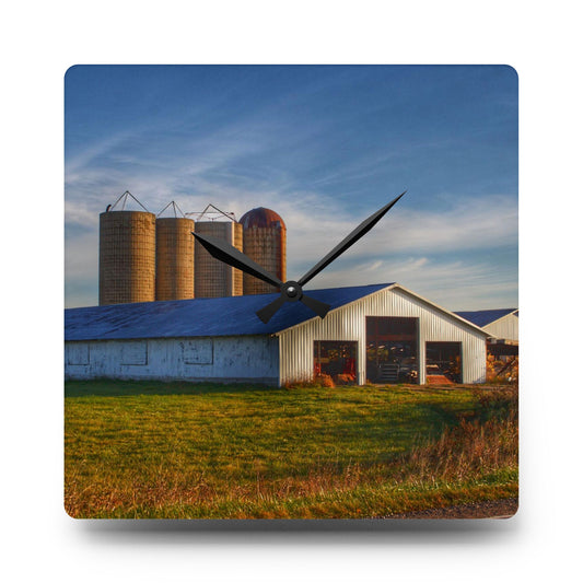Peck White and Silos Rustic Farmhouse Acrylic Analog Wall Clock 10.75'' × 10.75'' (Square)
