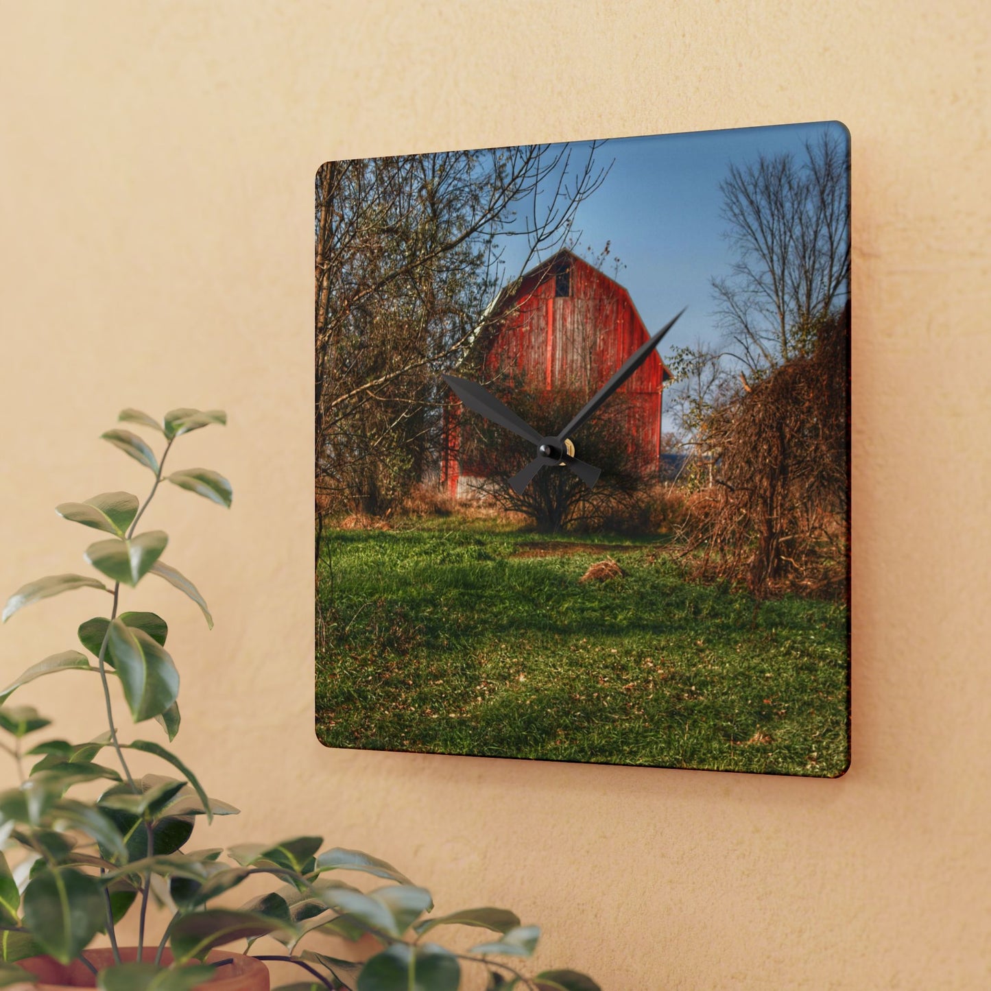 U R There Photography Columbiaville Red in November Rustic Farmhouse Acrylic Analog Wall Clock