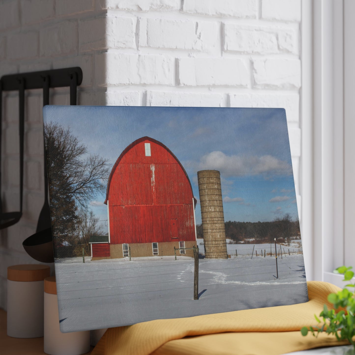 U R There Photography Barnes Road Winter Red Rustic Farmhouse Tempered-Glass Cutting Board