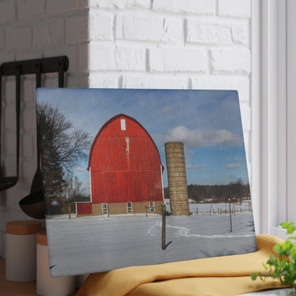 U R There Photography Barnes Road Winter Red Rustic Farmhouse Tempered-Glass Cutting Board