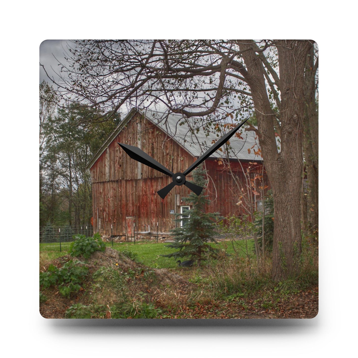 U R There Photography Big Fish Lake Road Red Rustic Farmhouse Acrylic Analog Wall Clock
