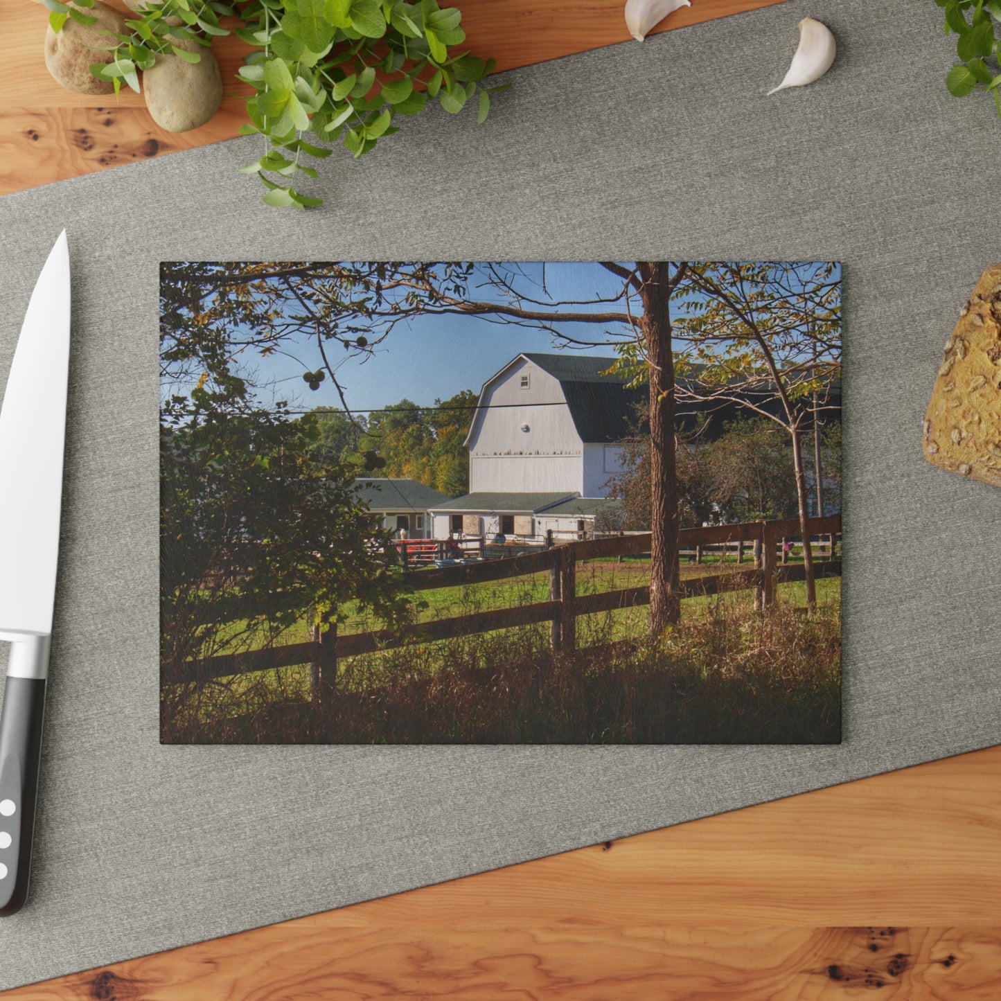 U R There Photography Oakwood Road White I Rustic Farmhouse Tempered-Glass Cutting Board