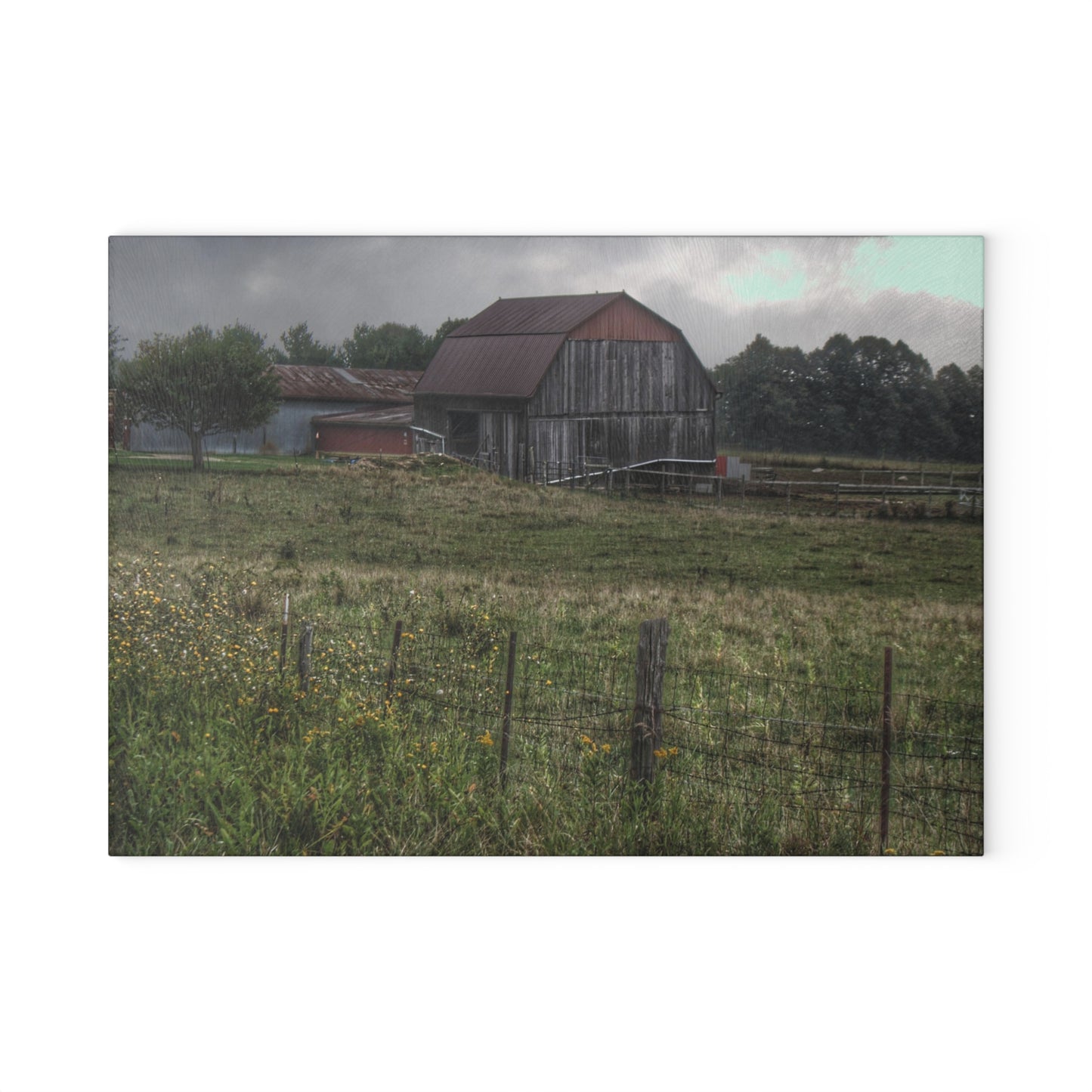 U R There Photography Newark Road Tilted Grey I Rustic Farmhouse Tempered-Glass Cutting Board