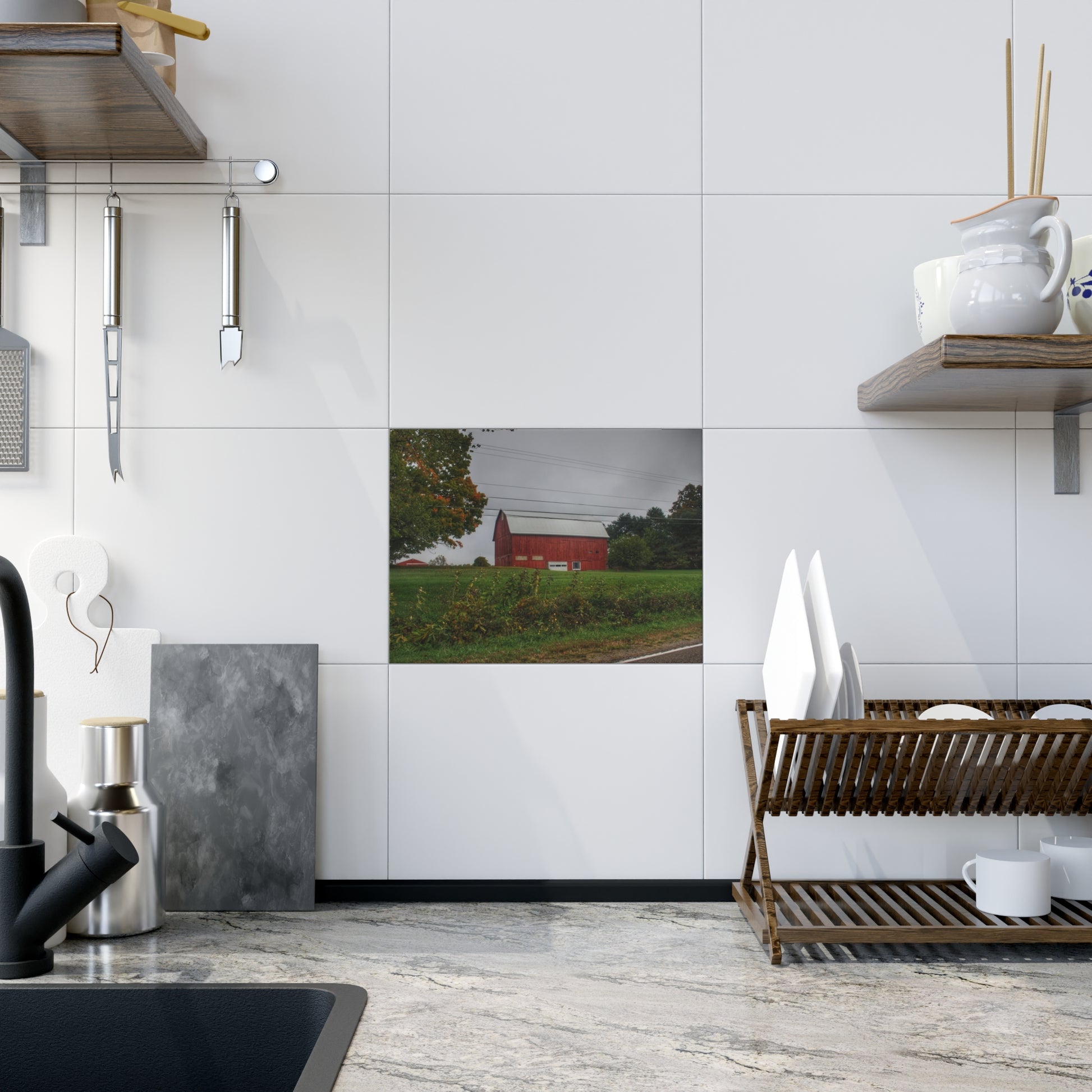 U R There Photography Bronson Lake Road Red Rustic Farmhouse Decorative Ceramic Tile 6" × 8" Glossy