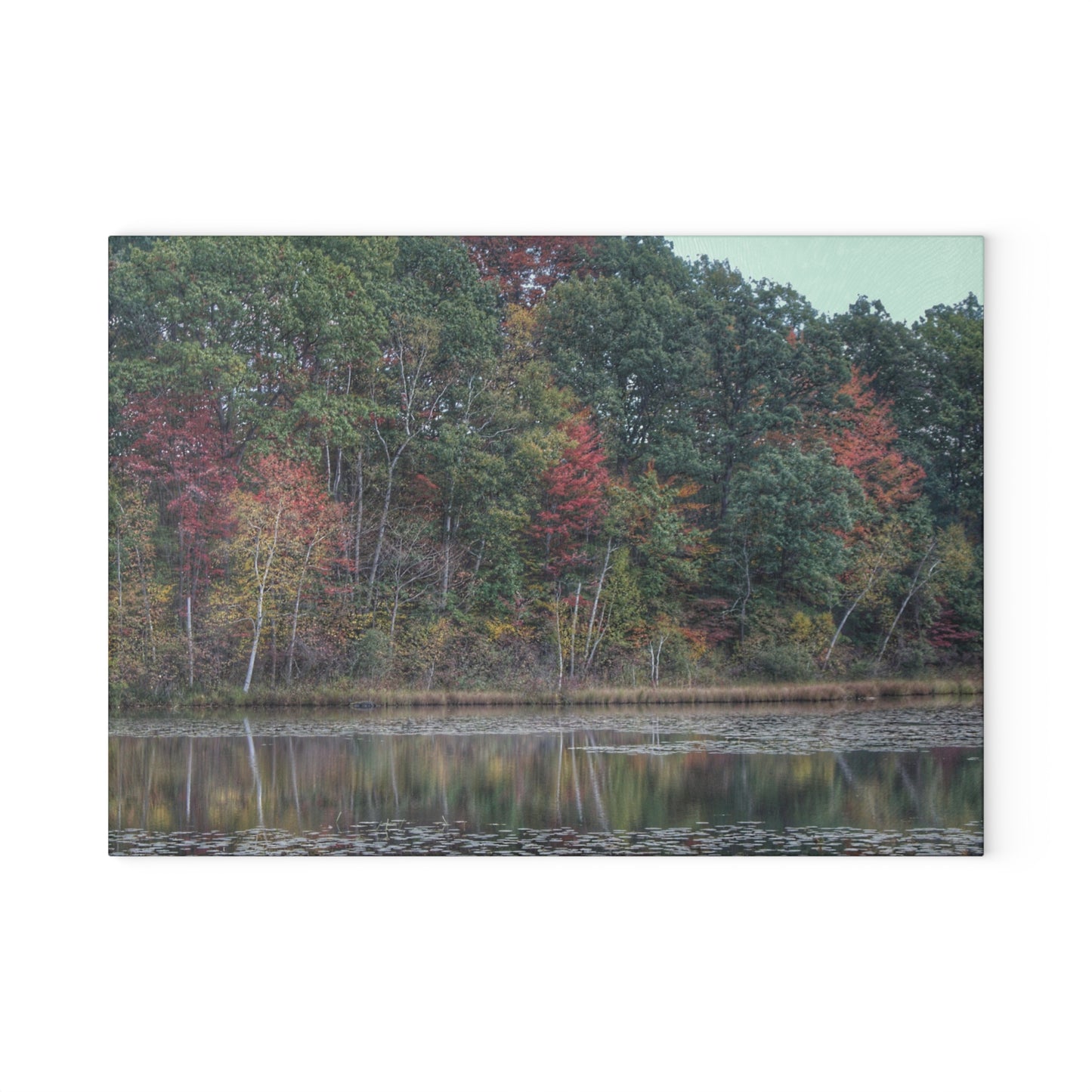 U R There Photography Fall on Murphy Lake IV Rustic Farmhouse Tempered-Glass Cutting Board