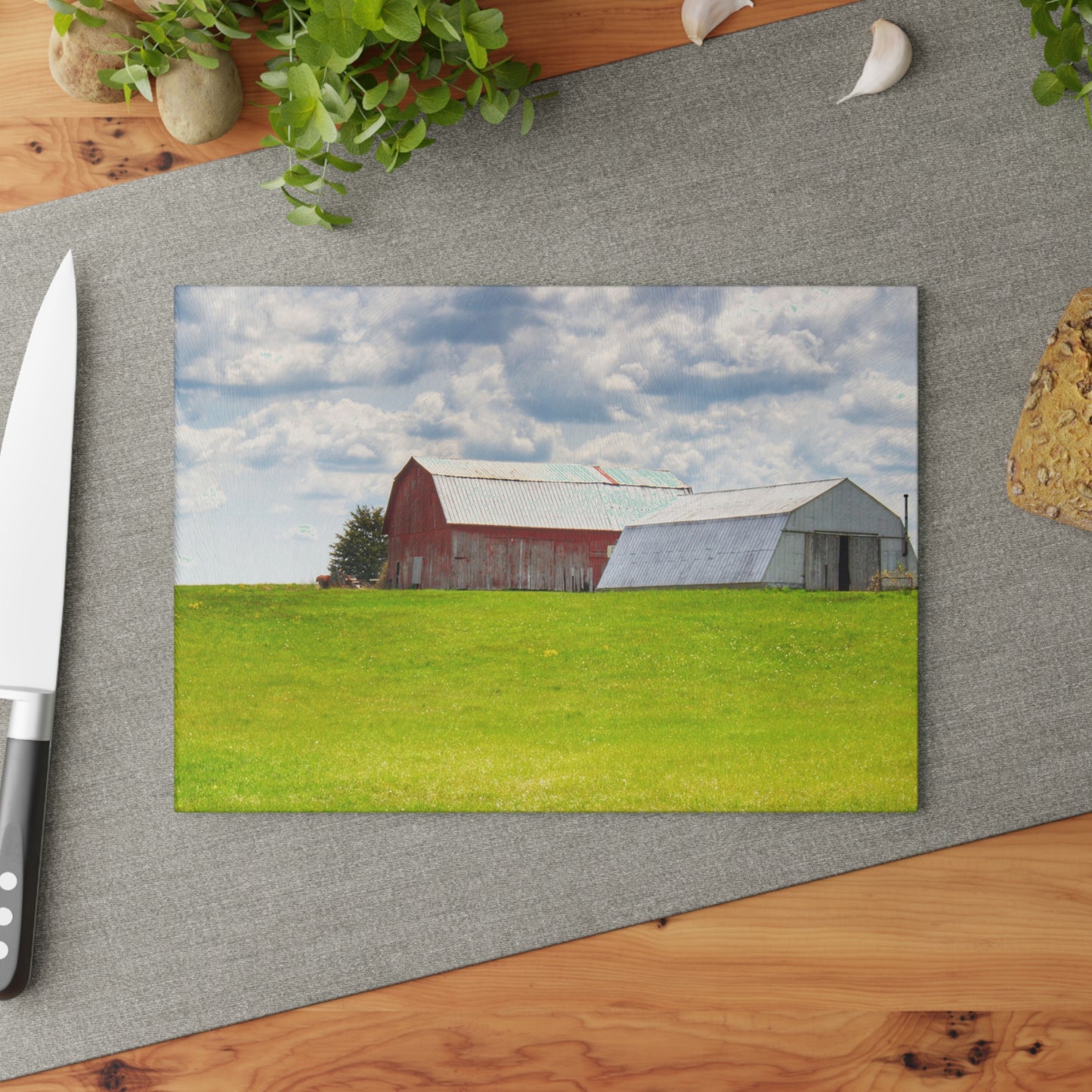 U R There Photography Henderson Hilltop Red Rustic Farmhouse Tempered-Glass Cutting Board