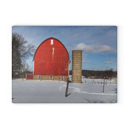 U R There Photography Barnes Road Winter Red Rustic Farmhouse Tempered-Glass Cutting Board