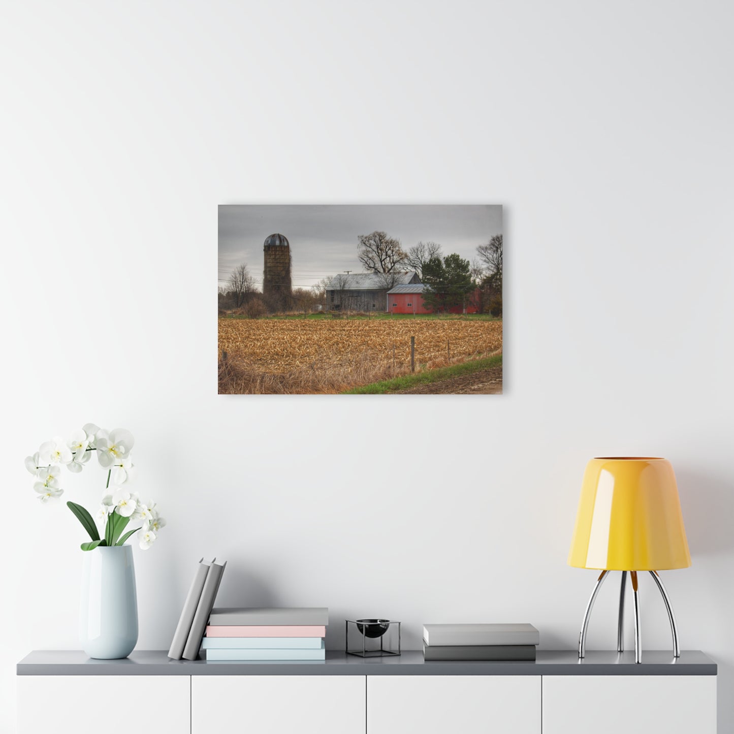 U R There Photography Dryden Road Gable Grey and Silo Rustic Farmhouse Acrylic Wall Print