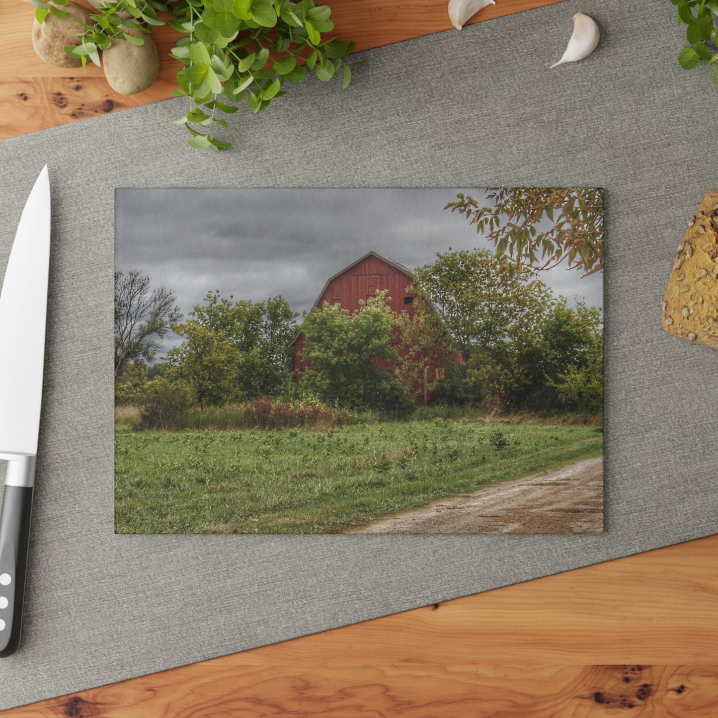 U R There Photography Bristol Road Hidden Red Rustic Farmhouse Tempered-Glass Cutting Board