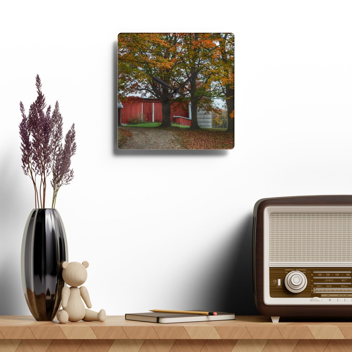 U R There Photography Brown Road Red in the Fall Rustic Farmhouse Acrylic Analog Wall Clock