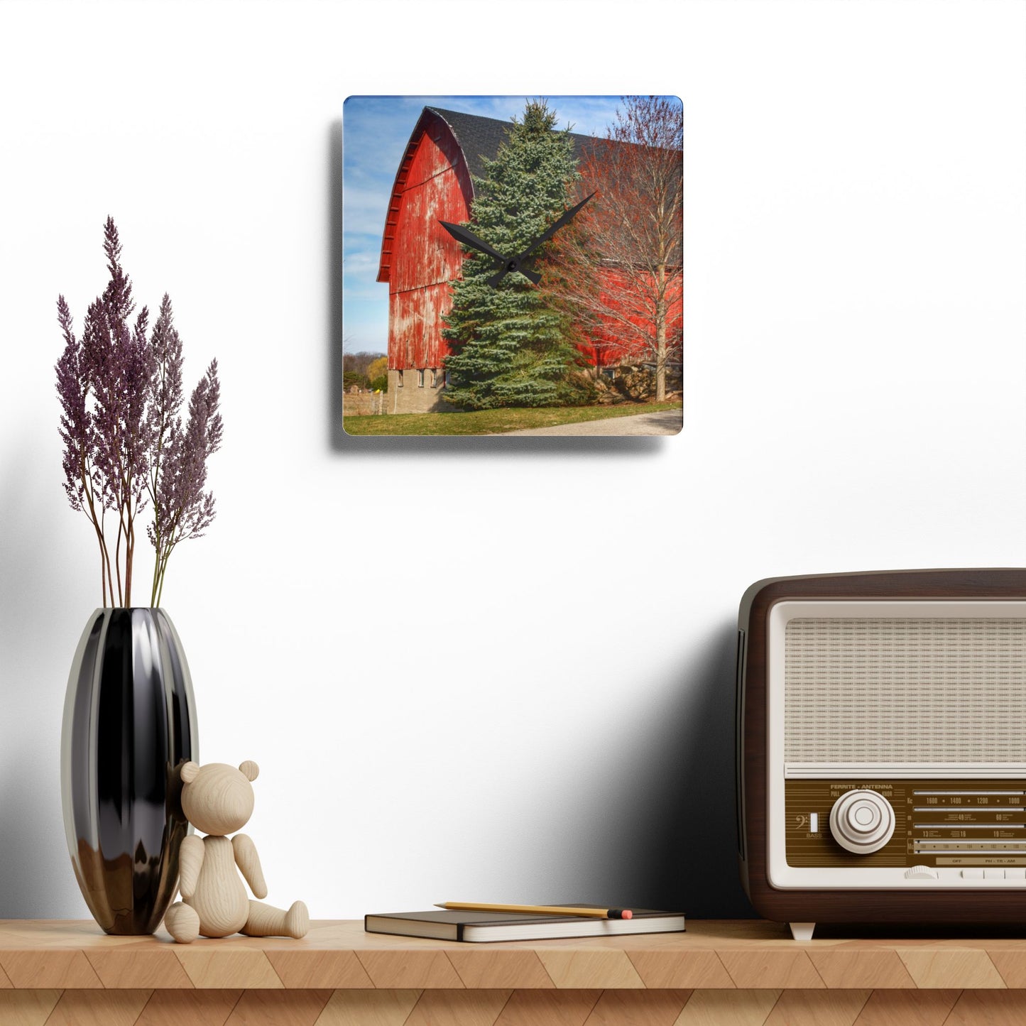 U R There Photography West Sutton Road Red Rustic Farmhouse Acrylic Analog Wall Clock