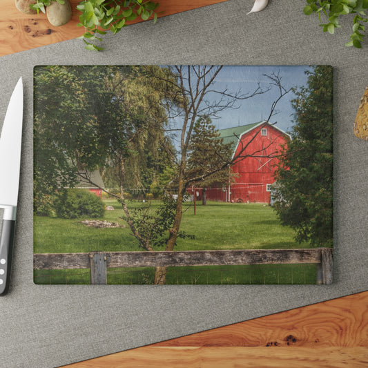 U R There Photography Roadside Red Beyond the Fence Rustic Farmhouse Tempered-Glass Cutting Board