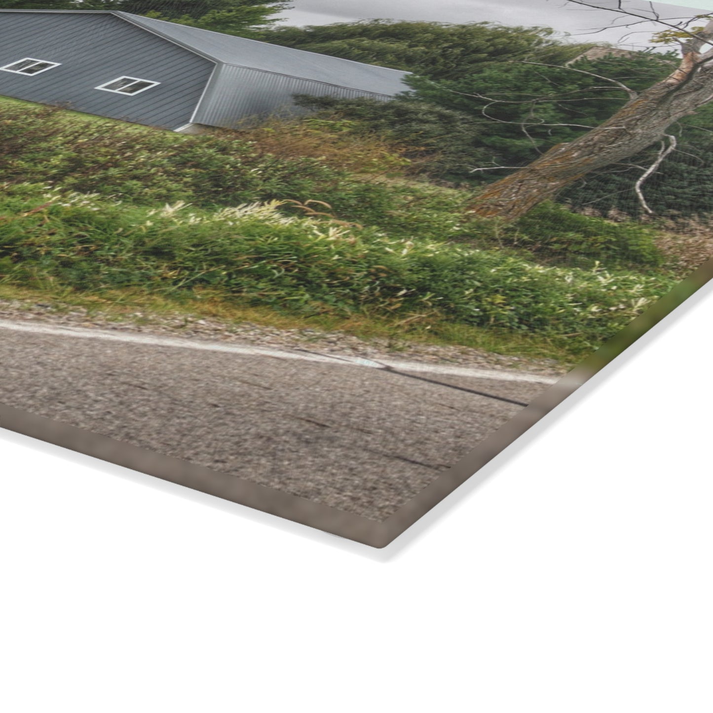 U R There Photography Hinson Road Grey Quonset Rustic Farmhouse Tempered-Glass Cutting Board