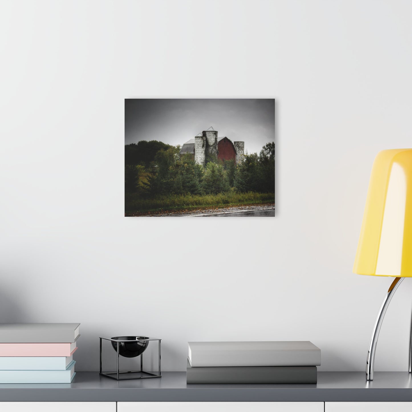 U R There Photography Castle Road Red and Silos in the Rain Rustic Farmhouse Acrylic Wall Print