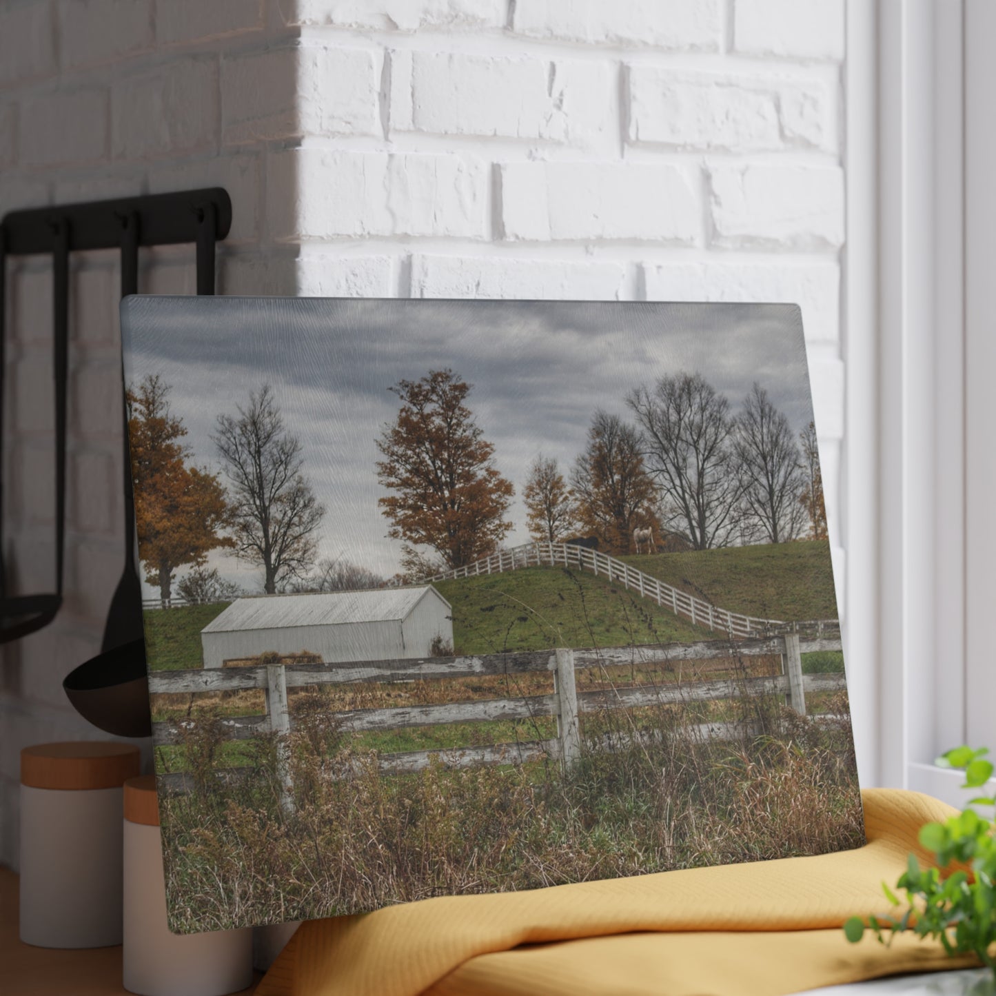 U R There Photography Millville Road Horses on the Hill Rustic Farmhouse Tempered-Glass Cutting Board