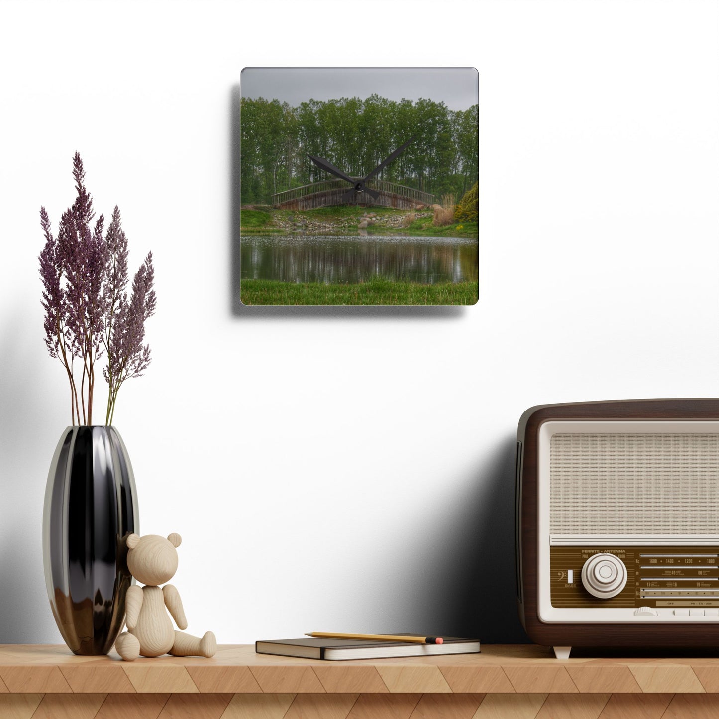 U R There Photography Bridge of Summer Road I Rustic Farmhouse Acrylic Analog Wall Clock