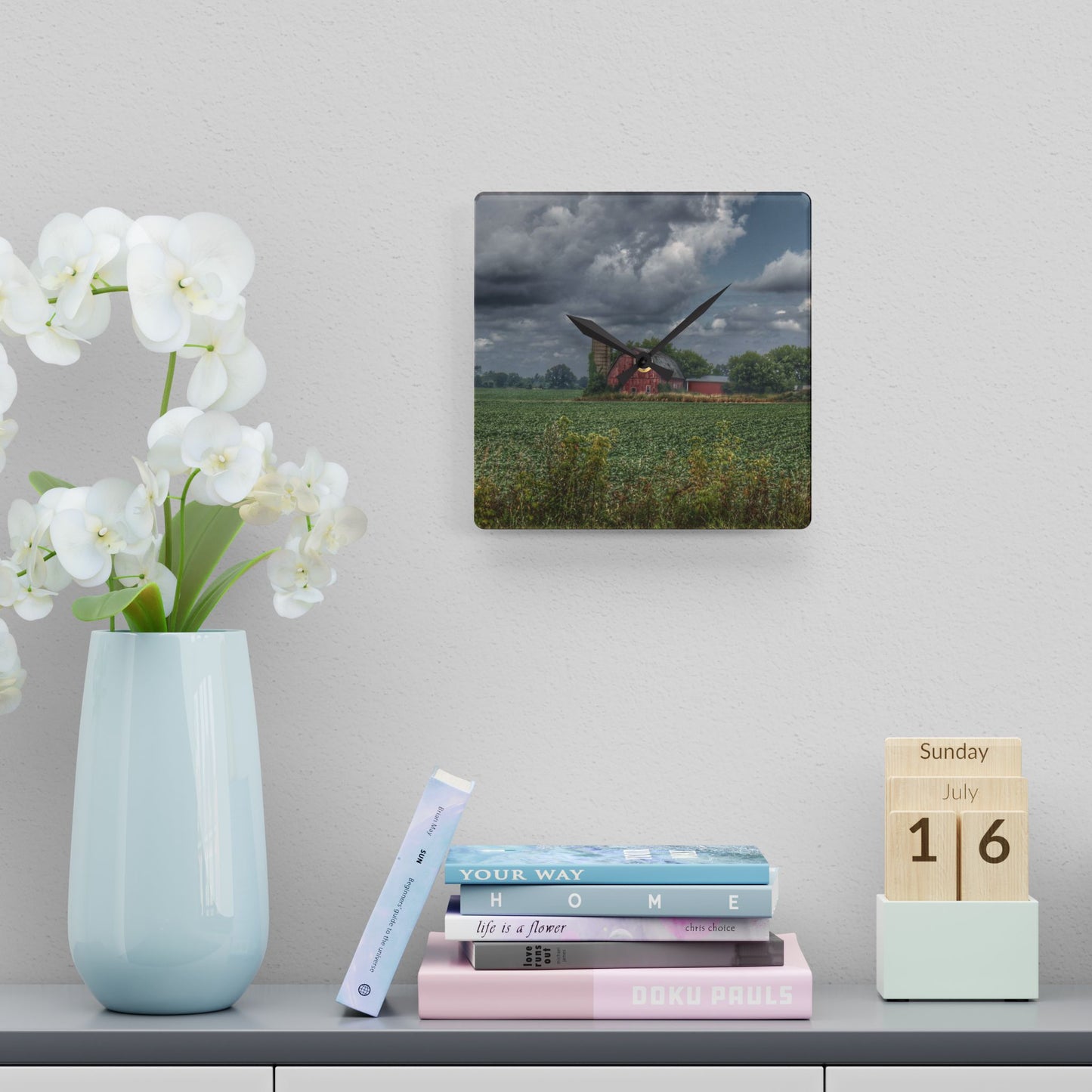 U R There Photography Church Road Red Rustic Farmhouse Acrylic Analog Wall Clock