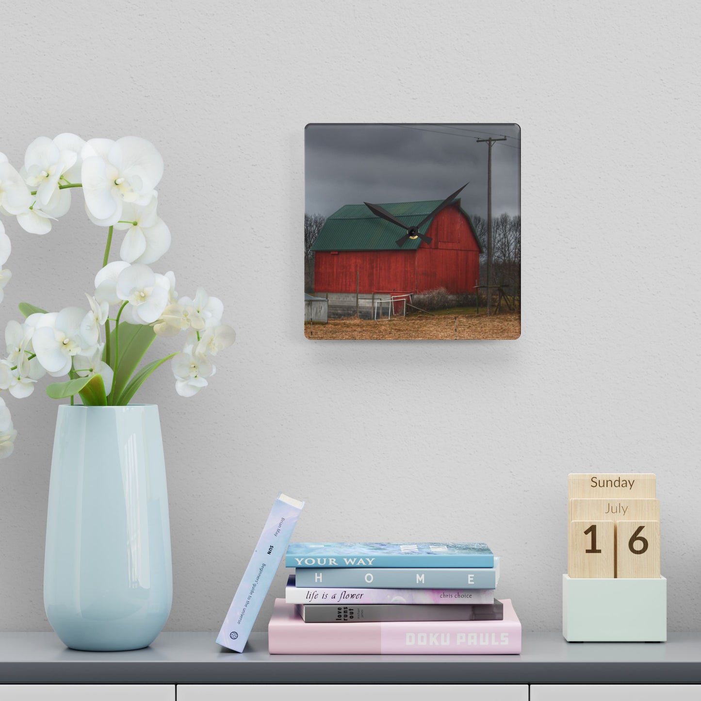 U R There Photography Daley Road Red III Rustic Farmhouse Acrylic Analog Wall Clock