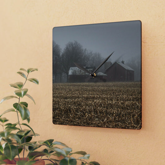 U R There Photography Farm in the Fog on Barnes Road Rustic Farmhouse Acrylic Analog Wall Clock