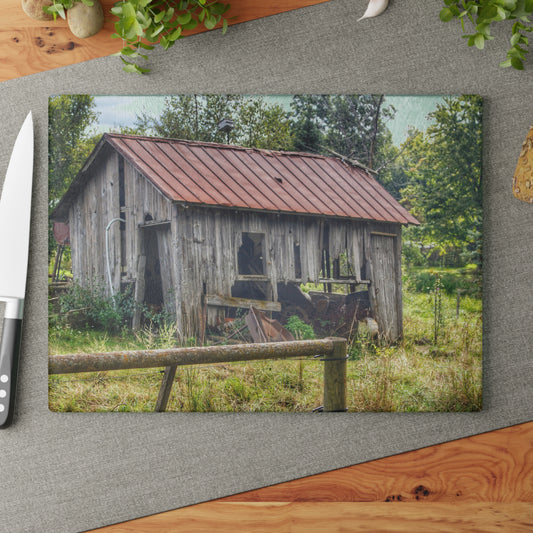 U R There Photography Silverwood Rusted Grey Shack Rustic Farmhouse Tempered-Glass Cutting Board