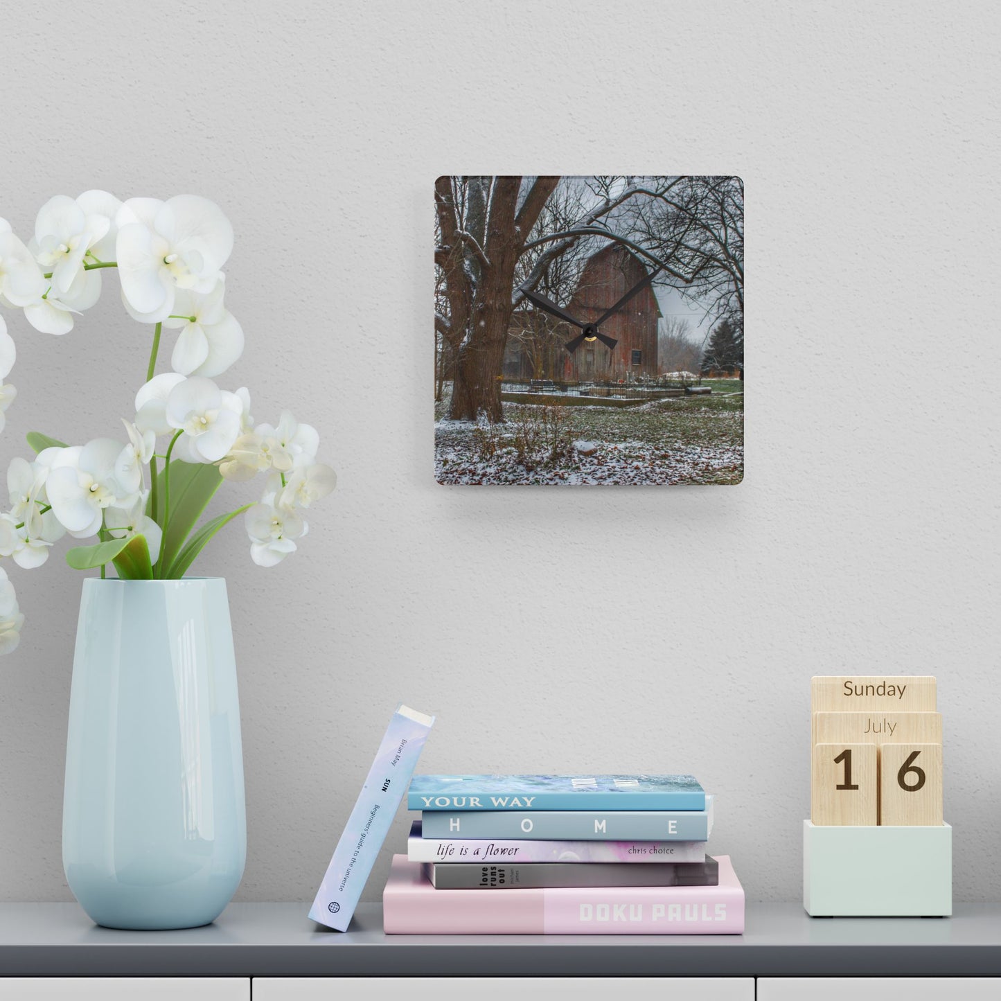 U R There Photography Bishop Road Winter Red Rustic Farmhouse Acrylic Analog Wall Clock