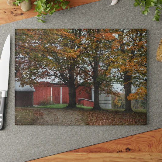 U R There Photography Brown Road Red in the Fall Rustic Farmhouse Tempered-Glass Cutting Board