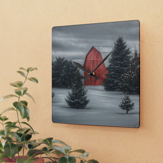 U R There Photography Vernor Road Winter Red Rustic Farmhouse Acrylic Analog Wall Clock
