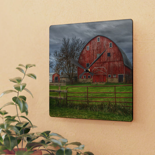 U R There Photography Beyond the Fence Red Rustic Farmhouse Acrylic Analog Wall Clock