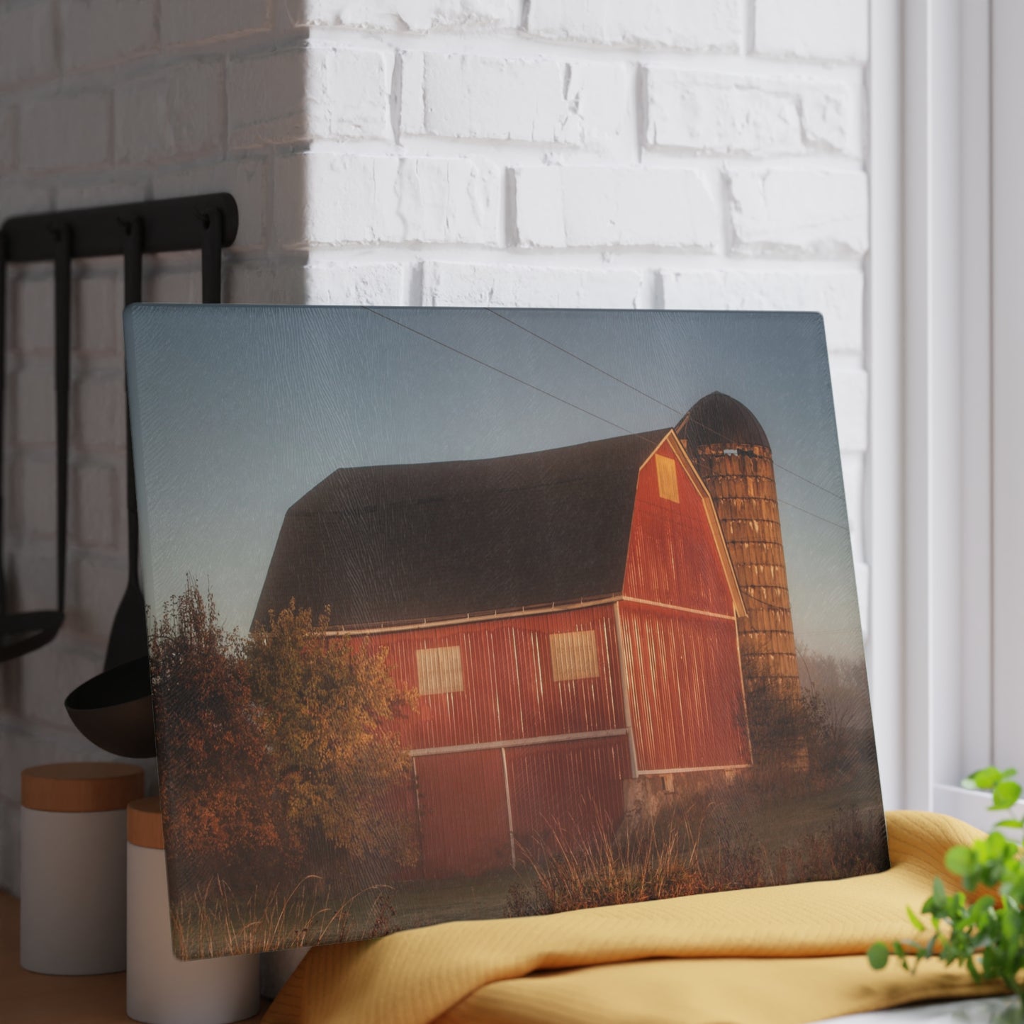 U R There Photography Klam Road Red Meets Foggy Sunrise II Rustic Farmhouse Tempered-Glass Cutting Board