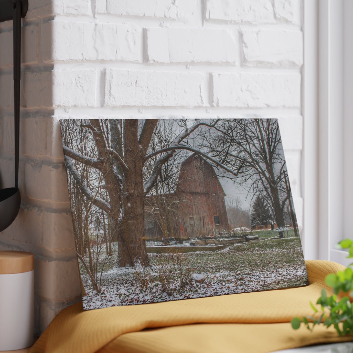 U R There Photography Bishop Road Winter Red Rustic Farmhouse Tempered-Glass Cutting Board