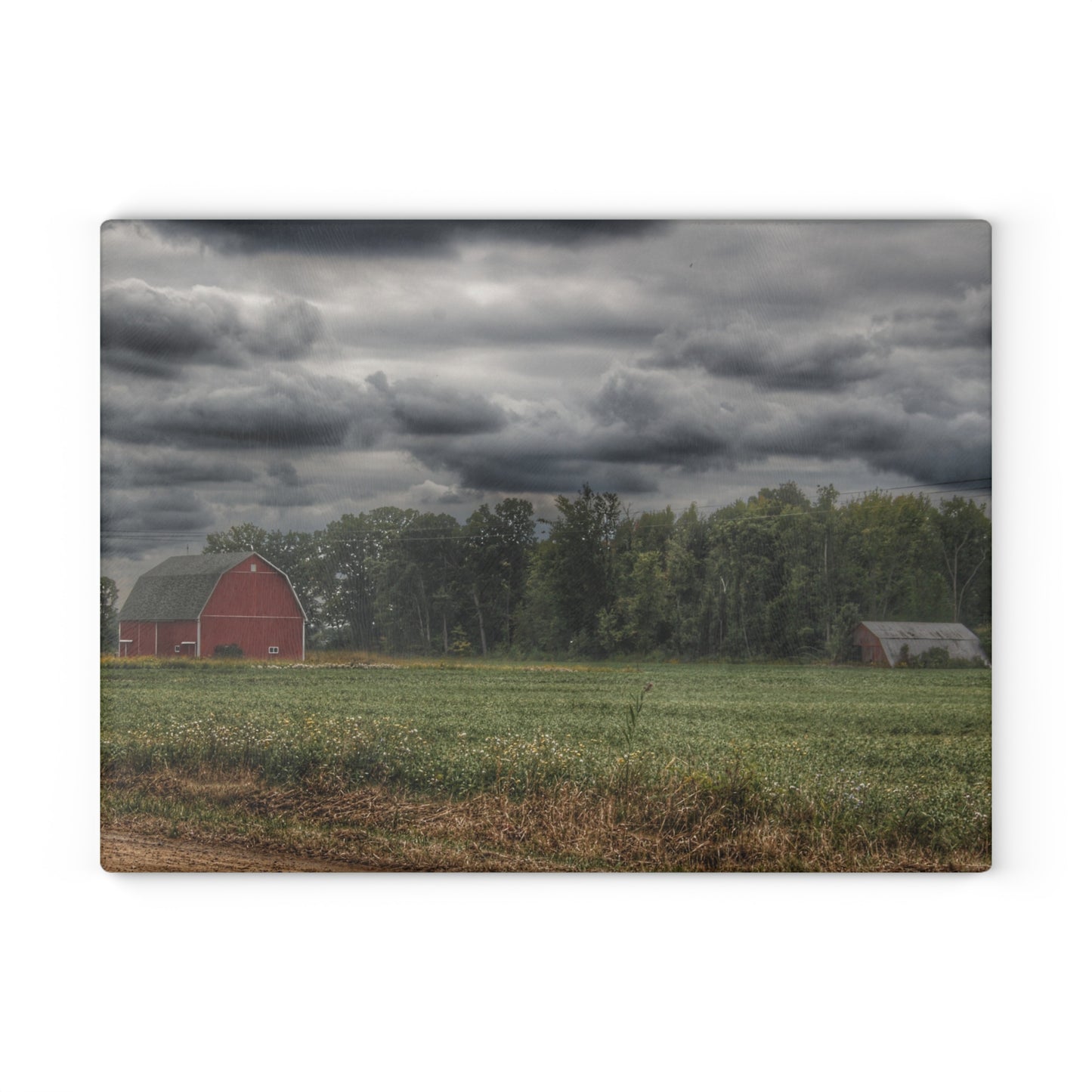 U R There Photography Weyer Road Red and Quonset Rustic Farmhouse Tempered-Glass Cutting Board