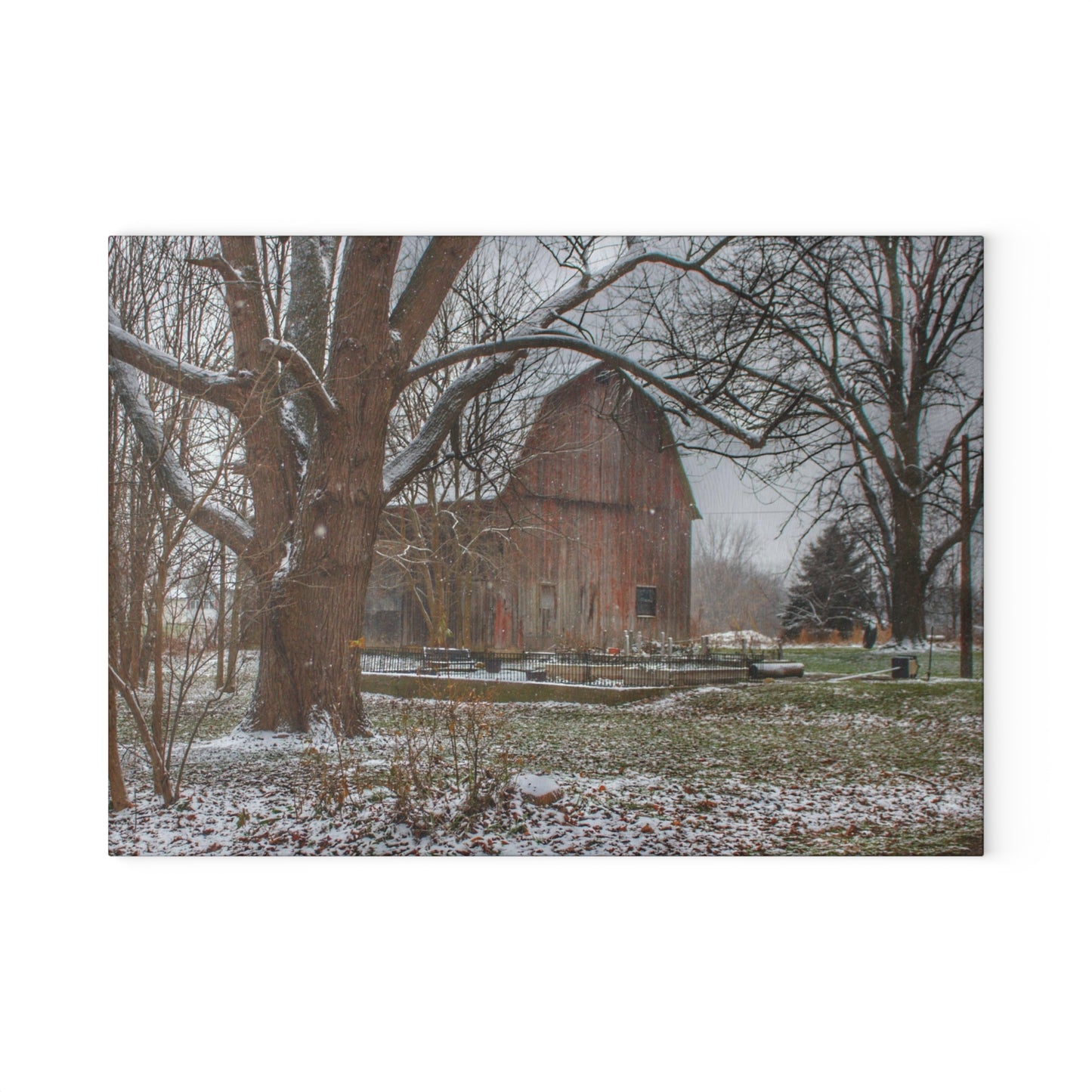 U R There Photography Bishop Road Winter Red Rustic Farmhouse Tempered-Glass Cutting Board